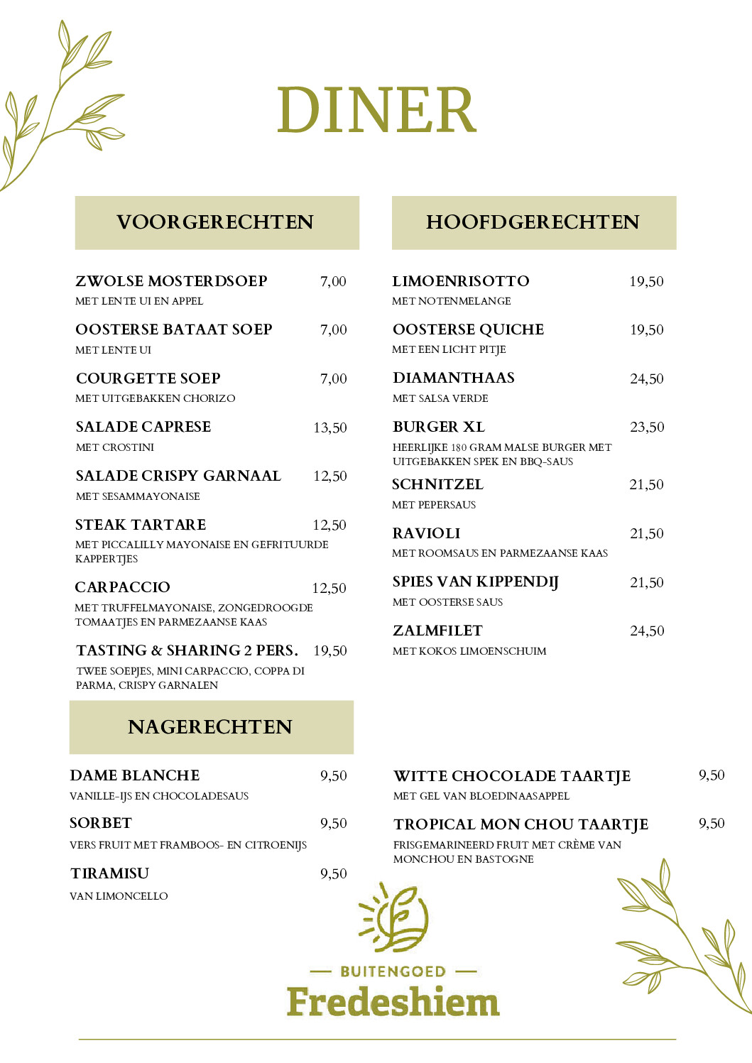 Diner kaart Buitengoed Fredeshiem